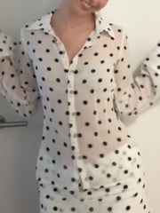 AIERTU - Matching Polka Dot Outfit For Women Trendy Lapel Placket Front Sheer Blouse Bodycon Mini Skirt Suit Lady's Casual Night Out Set Aiertu