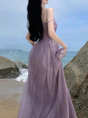 Aiertu Summer Purple Fairy Evening Party Long Dress Women Vintage Sexy Dresses Ladies Spaghetti Strap Tulle Pleated Dress Backless New Aiertu