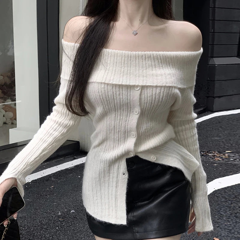 Aiertu Elegant Button Up Split Sweater Full Sleeve Casual Solid Slash Neck Knitted Jumpers for Women Korean Fashion Vintage Y2k Aiertu