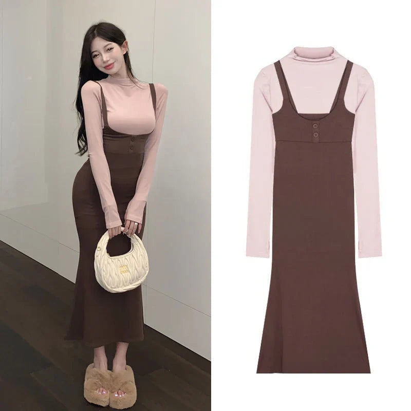 Aiertu DRESS TO IMPRESS Street Sexy Suspender Dress Women Autumn Winter Waist Tight Spice Girl Mermaid Skirt Bottom Long Sleeve T-Shirt 2 Piece Set Aiertu