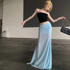 Aiertu Elegant Sexy Tulle Long Skirt Women Coquette Fashion Transparent Skirt Blue Sweet A-line Solid Aesthetics Casual Skirts Aiertu