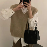 Aiertu Women Vintage Turn Down Collar Check Plaid Solid Knitting Sweater Female Casual Loose Vest Chic Pullovers Tops Aiertu