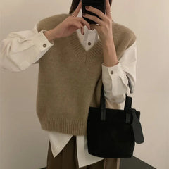 Aiertu Women Vintage Turn Down Collar Check Plaid Solid Knitting Sweater Female Casual Loose Vest Chic Pullovers Tops Aiertu