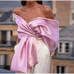 Aiertu Women Satin Bow Pleated Lace Up Backless Top 2024 Summer Elegant High Street Club Party Female Off Shoulder Shirts Vest Clubwear Aiertu