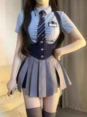 Autumn College Style JK Uniform Set Slim Shirt with Striped Tie Y2K Girls High Waist A- Line Pleated Skirt Fashion Suit Aiertu