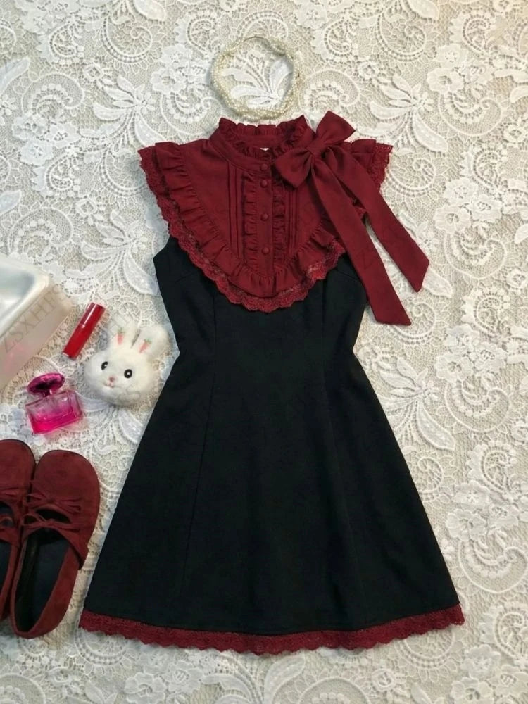 AIERTU - Gentle Sweet Sexy Dress Bow Ruffle 2000s Summer Korea Harajuku Aesthetic Femme Women Clothes Slim Girdling Waist Lace Tank Dress Aiertu