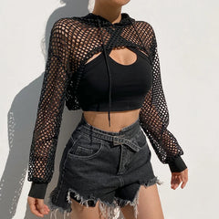 Aiertu Street Style Fishnet Holes T Shirt See Through Hollow Out Hooded Full Sleeve Crop Top Women Casual Loose Shirt Smock Fall Aiertu