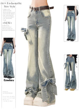 Aiertu Women's Blue Bow Flare Jeans Harajuku 90s Aesthetic Streetwear Baggy Denim Trousers Y2k Jean Pants Vintage 2000s Trashy Clothes Aiertu