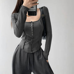 Aiertu T-shirts Women Skinny Inside Korean Fashion Spring Sexy Ladies Daily Long Sleeve Minimalist Solid Simple Chic Cozy Crops Design aiertu