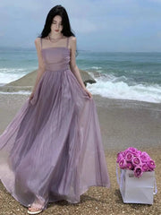 Aiertu Summer Purple Fairy Evening Party Long Dress Women Vintage Sexy Dresses Ladies Spaghetti Strap Tulle Pleated Dress Backless New Aiertu