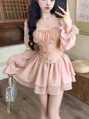 Aiertu Autumn Fashion Slim Square Neck Dress Women Sweet Cute Puff Sleeve Short Dress Female Pretty Fairy Solid Bandage Ruffle Dresses Aiertu