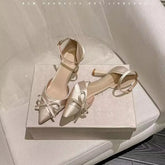 AIERTU - Women Pumps White Wedding Shoes Bride Luxury Satin Butterfly-knot Pointed Toe Adjustable Slingback Heels Elegant Women Heels Aiertu