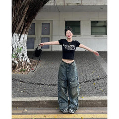 Aiertu Women's Y2k Blue Cargo Jeans Baggy 2000s Trashy Aesthetic Streetwear Oversize Denim Trousers Harajuku Jean Pants Vintage Clothes Aiertu