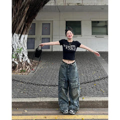 Aiertu Women's Y2k Blue Cargo Jeans Baggy 2000s Trashy Aesthetic Streetwear Oversize Denim Trousers Harajuku Jean Pants Vintage Clothes Aiertu