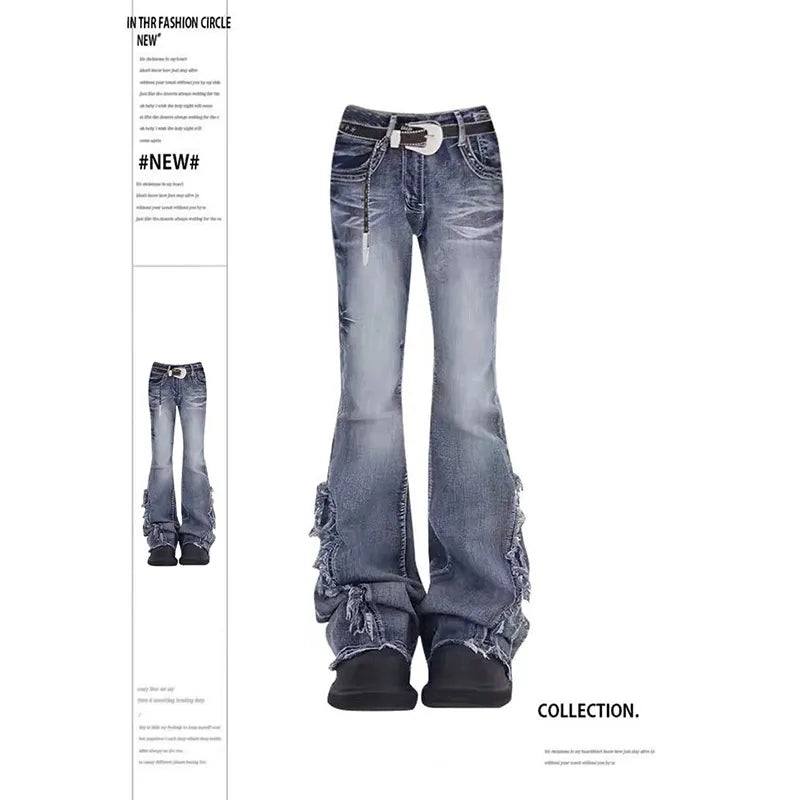 Aiertu Women's Vintage Baggy Blue Flare Jeans High Waist Denim Trousers Emo 2000s Y2k Harajuku 90s Aesthetic Wide Pants Trashy Clothes Aiertu