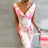 AIERTU - Summer Sleeveless Backless Maxi Dresses Sexy V Neck High Waist Lace-up Long Dress Women Spring Floral Print Slim Fit Party Dress Aiertu