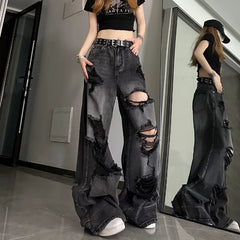 Aiertu Women's Distressed Design Wide Leg Hole Jeans Summer New Street Unisex Style Trousers Loose High Waist Straight Denim Pants Aiertu