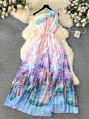 Aiertu Chic Fashion Women Summer Floral Print Ruffles Skew Collar Off Shoulder Dresses Slim Elegant Pleated Vestidos Mujer Aiertu