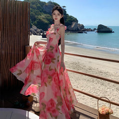 Aiertu Women Pink Floral Ruffles Slip Dress Summer Printed Festival Long Dresses Backless Slim Elegant Evening Party Sundress Boho Aiertu