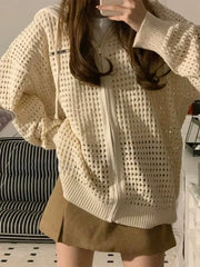 Aiertu Vintage Knit Mesh Coat for Women Hole Hooded Cardigan Long Sleeve Tee Male Casual Autumn Japanese Streetwear Hip Hop Aiertu