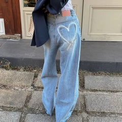 Aiertu Women Jeans with Heart Vintage Y2k 90s Aesthetic Baggy Denim Trouser 2000s Harajuku Kawaii Wide Cowboy Pants Trashy Clothes 2024 Aiertu