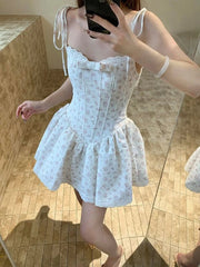 AIERTU - French Sweet Floral Suspender Lace Dress Female Summer New Fashion Vintage Casual Waist Bow Fluffy Short Dresses Women Aiertu