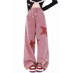 Aiertu Women's Pink Jeans Letters Printed High-waisted American Street Wide Leg Pants Hip-hop Fashion Retro Straight Y2K Winter Pants Aiertu