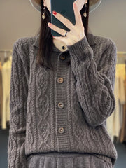Autumn Winter Coat Women Turn-down Collar Cardigans Sweater 100% Merino Wool Knitwear Loose Twist Flower Cashmere Clothing Tops Aiertu