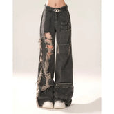 Aiertu High Waist Ripped Women's Black Jeans Hip-hop Style Fashion Vintage Streetwear Y2K Wide Leg Jean 2024 Trouser Baggy Denim Pants Aiertu