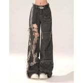 Aiertu High Waist Ripped Women's Black Jeans Hip-hop Style Fashion Vintage Streetwear Y2K Wide Leg Jean 2024 Trouser Baggy Denim Pants Aiertu
