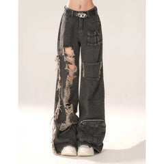 Aiertu High Waist Ripped Women's Black Jeans Hip-hop Style Fashion Vintage Streetwear Y2K Wide Leg Jean 2024 Trouser Baggy Denim Pants Aiertu