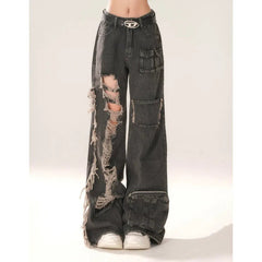 Aiertu High Waist Ripped Women's Black Jeans Hip-hop Style Fashion Vintage Streetwear Y2K Wide Leg Jean 2024 Trouser Baggy Denim Pants Aiertu