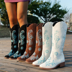 Aiertu Women's Boots Winter New Embroidered Long Tube Boots Low Heel Calf Waterproof Cold Resistant Comfort Fashion Knight Boots Aiertu