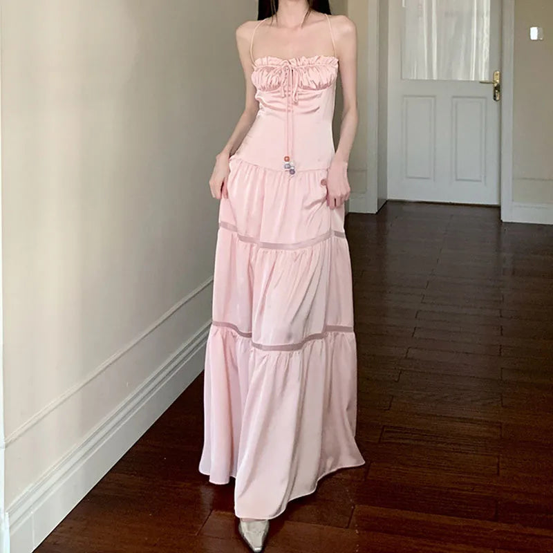 AIERTU - Lady Dress Satin Pleat Lace Up Design Hollowed Out Splicing A-line Sleeveless High Waist Slim Solid Color Versatile Sling Dress Aiertu
