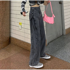 Aiertu High Waist Side Tie Long Jeans Pants Aiertu