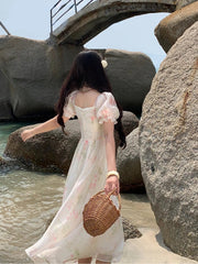 Aiertu Summer French Design Elegant Sundress Women Short Sleeves Floral Midi Dress Beach Style Casual Fashion Party Dress Korean Aiertu