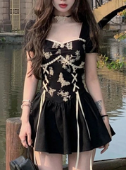 Aiertu - Flight of Monochrome Butterflies Goth Dress Dark Academia Kawaii Academia Y2K Cottagecore Coquette Fairycore Dollette Princesscore Aiertu