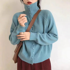 AIERTU - Women's High Neck Knit Cardigan Autumn Solid Color Single Breasted Sweater Outerwear Woman Soft Cashmere Knitwear Aiertu