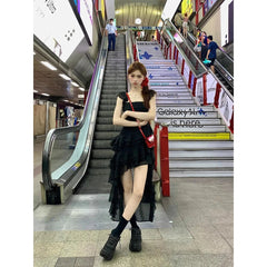 Aiertu Y2K Summer Women's Fashion One-shoulder Irregular Trailing Suspender Black White Chic Tutu Dress Street Wear Vacation Sundress Aiertu