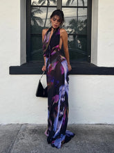 Backless Maxi Dress Women Sexy Purple Print Halter Bodycon Dress Summer Beach Outfits Elegant Sleeveless Club Party Dress Aiertu