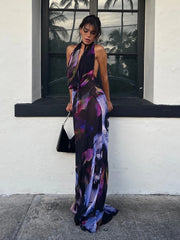 Backless Maxi Dress Women Sexy Purple Print Halter Bodycon Dress Summer Beach Outfits Elegant Sleeveless Club Party Dress Aiertu