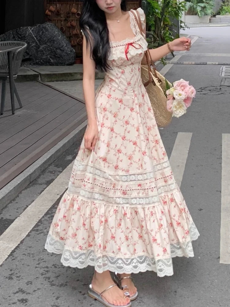 Aiertu Summer French Elegant Floral Midi Dress Beach Style Korean Fashion Lace Dress Evening Party Sexy Sleeveless Dress Woman Chic Aiertu
