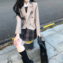 JK Blazer Women Preppy Style Students Thin All-match Casual Solid Long Sleeve Outerwear Single Breasted Fashionable Khaki Red Aiertu