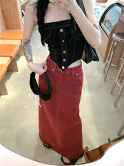 Aiertu Women's Red Split Back Denim Skirt Summer Chic Design Street Style Solid Color Female Straight Floor Length Long Skirts Aiertu