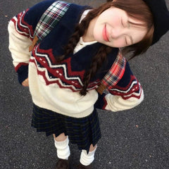 Aiertu Vintage Sweater Women Preppy Style Kawaii Knit Pullovers Japanese Style Patchwork Autumn Winter Retro Casual Sweaters Aiertu
