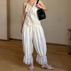 AIERTU - Women 2000s Fairycore Boho Lace Trim Hem Bloomers Solid Elastic Mid Rise Ruffle Cropped Flared Slips Pants Bottoms Streetwear Aiertu