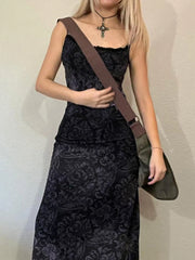 Retro Chic Floral Printed Mesh Spaghetti Strap Dress Y2K Aesthetics High Waist Ankle-Length Long Dress Fairycore Grunge Aiertu