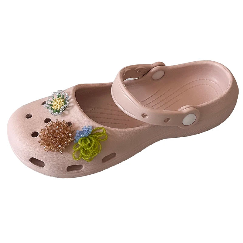 AIERTU - Summer Women's Slippers Luxurious Pearl Metal Flower Sparkling Designer Ballet Shoes Girls' Sandals Indoor and Outdoor Soft Aiertu