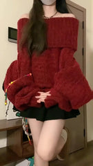 Aiertu Women Red Pullover Knitted Sweater Harajuku Y2k Long Sleeves Slash Neck Sweater Jumper Vintage 2000s Aesthetic Clothes 2024 aiertu