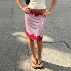 AIERTU - Women Sequin Lace Midi Skirt High Waist White Lace Trim Bodycon Pencil Skirt Light Slim Fit Skirt Elegant Party Nightclub Bottom Aiertu